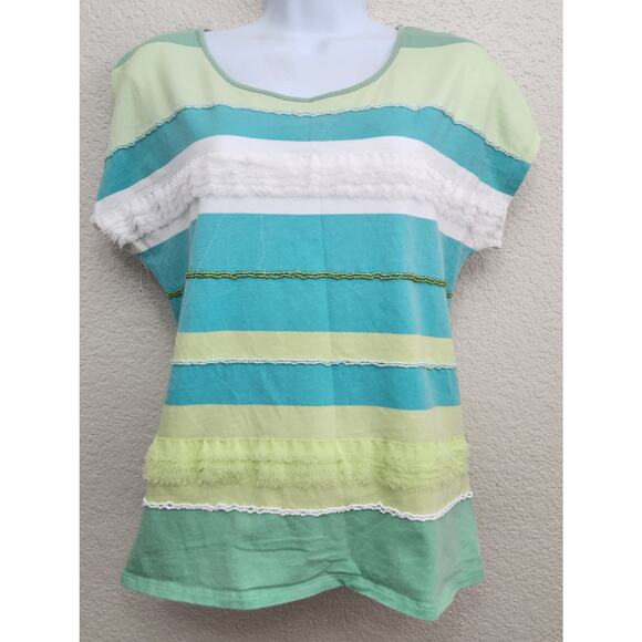 Ruby Rd. Blue Green White Striped Short Capped Sleeves Top Medium Round Neck - Picture 1 of 5